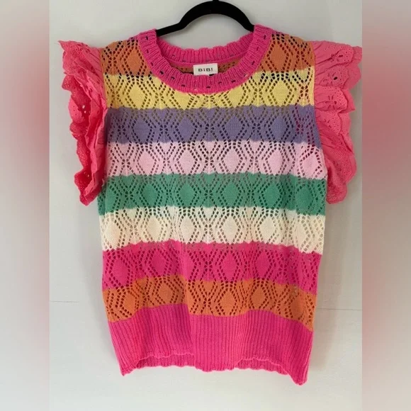 NWT BiBi Open Knit Bright Pink Purple Striped Ruffle Sleeve Easter Sweater Sz XL - Picture 6 of 7